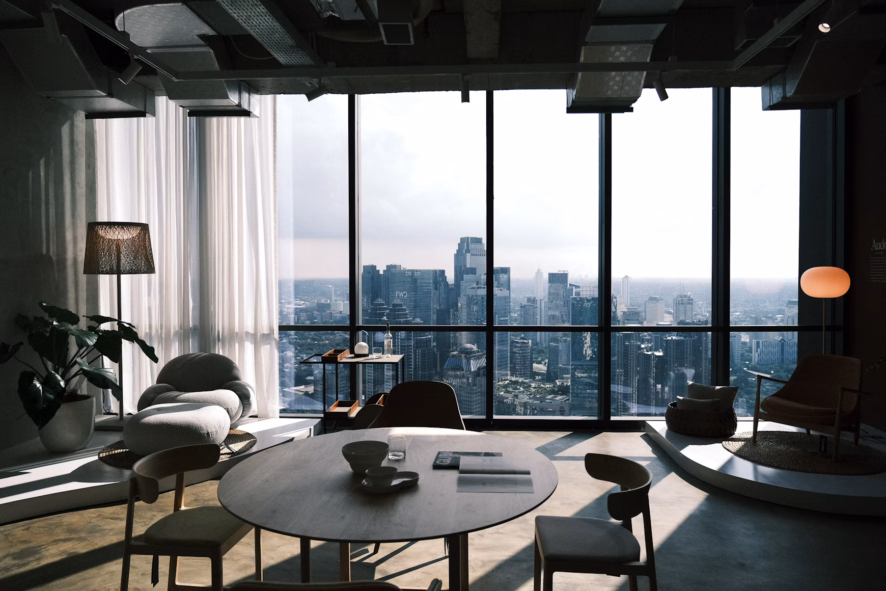 A refined modern office overlooking a city skyline